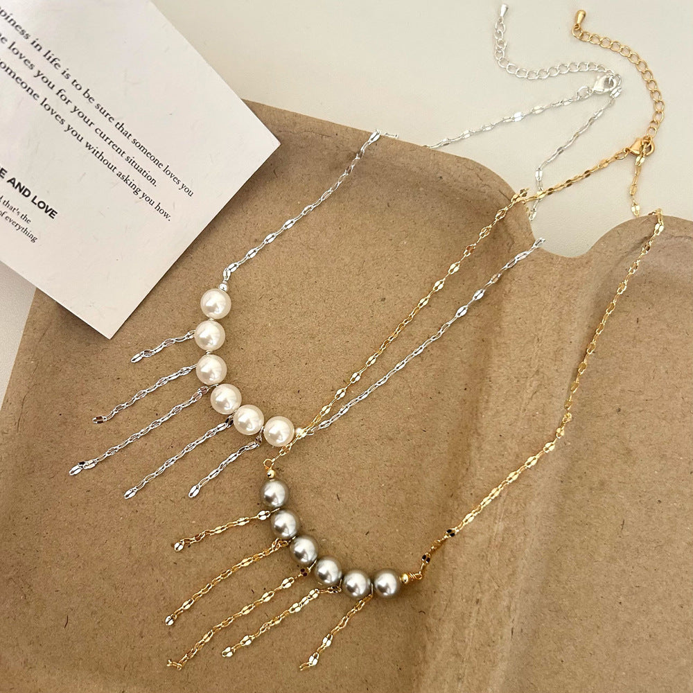 French Vintage Elegant Pearl Tassel Collarbone Chain Necklaces